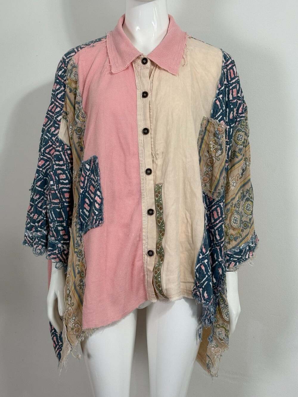 Women Patchwork Oversized Shirt Collared Mixed Media Boho Hippie Boxy Top M/L